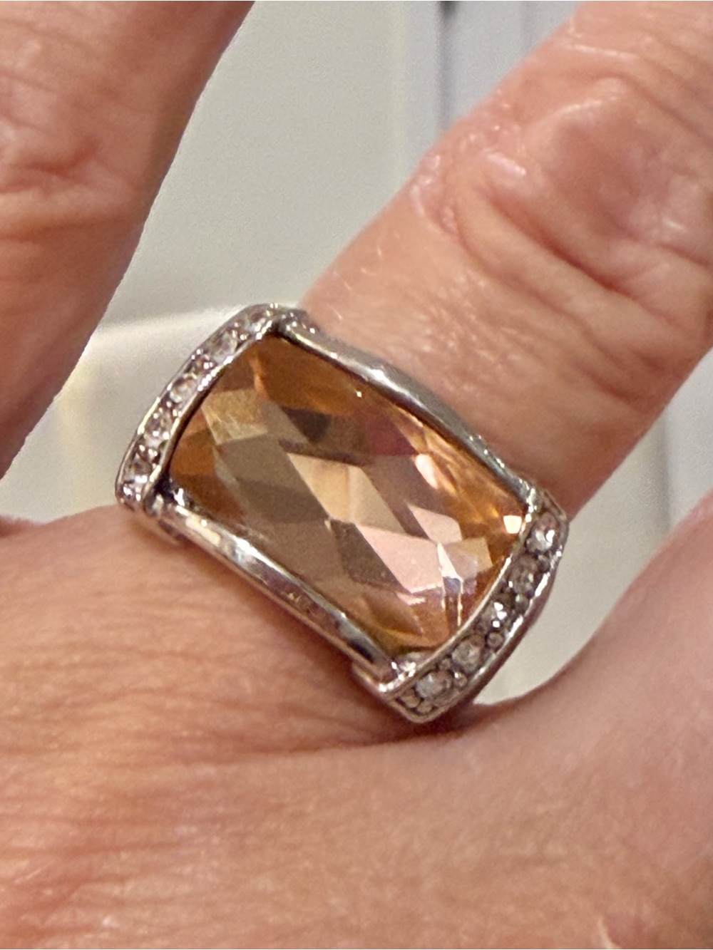 Vintage Silver Plated Champagne Citrine Crystal Statement Cocktail Ring 6